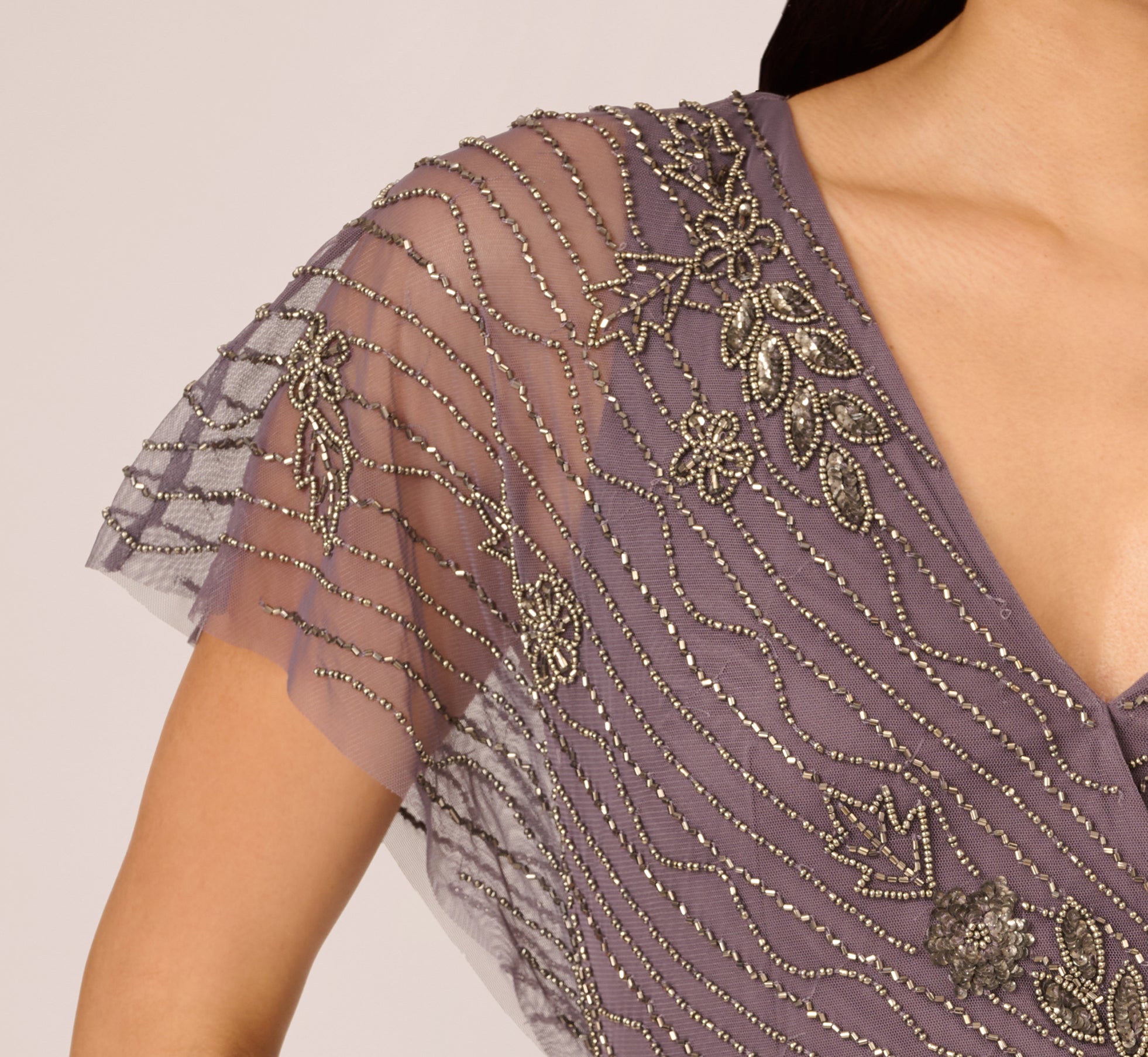 Purple Beaded Ankle Length Dress With Sheer Flutter Sleeves - Adrianna Papell Purple Beaded Ankle Length Dress With Sheer Flutter Sleeves - Adrianna Papell