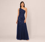 Floral Beaded One Shoulder Mermaid Gown With Godet Skirt In Light Navy 2
