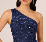 Floral Beaded One Shoulder Mermaid Gown With Godet Skirt In Light Navy 3