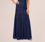 Floral Beaded One Shoulder Mermaid Gown With Godet Skirt In Light Navy 4
