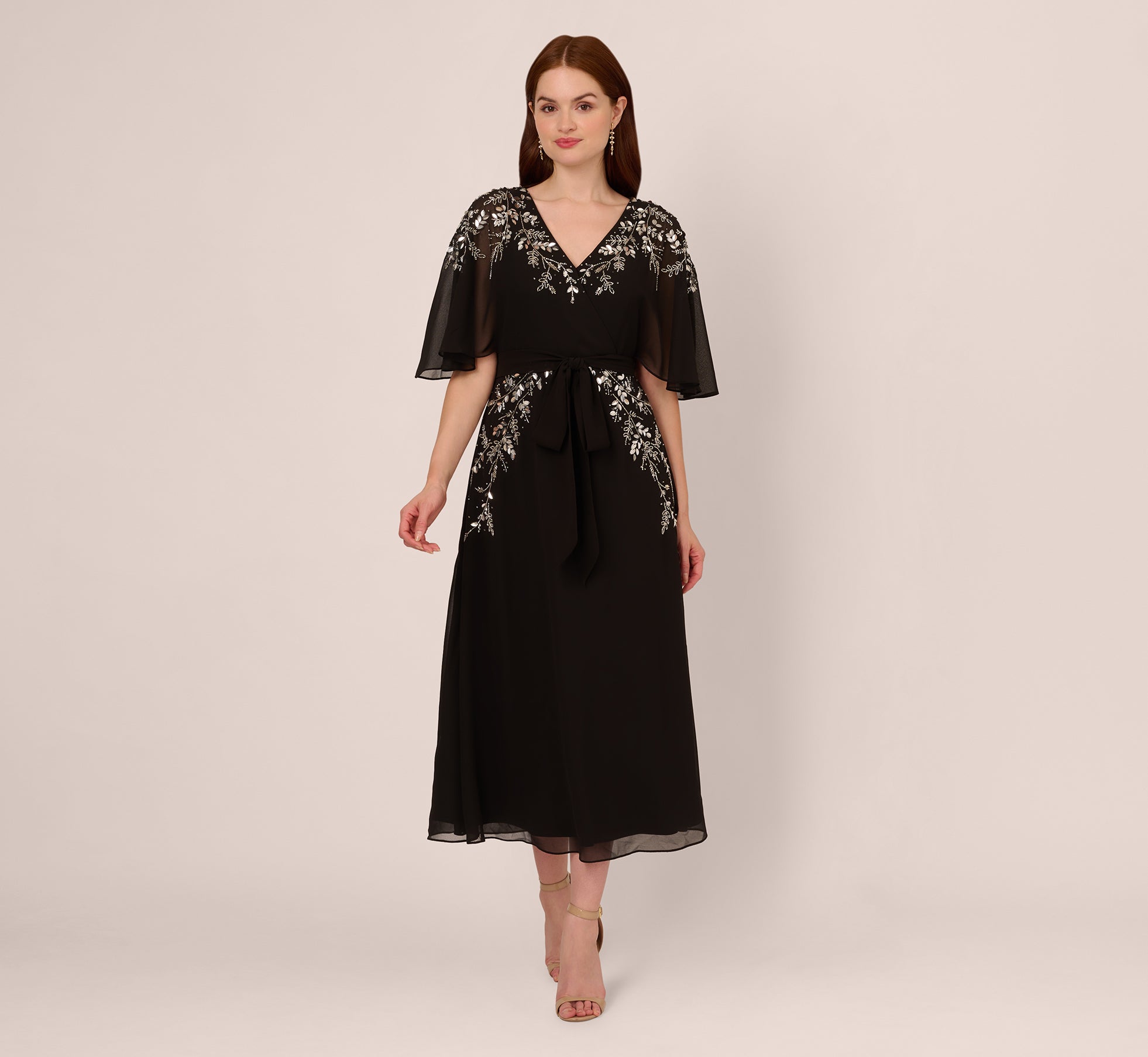 Black Beaded Chiffon Ankle Length Gown With Dolman Sleeves - Adrianna Papell Black Beaded Chiffon Ankle Length Gown With Dolman Sleeves - Adrianna Papell