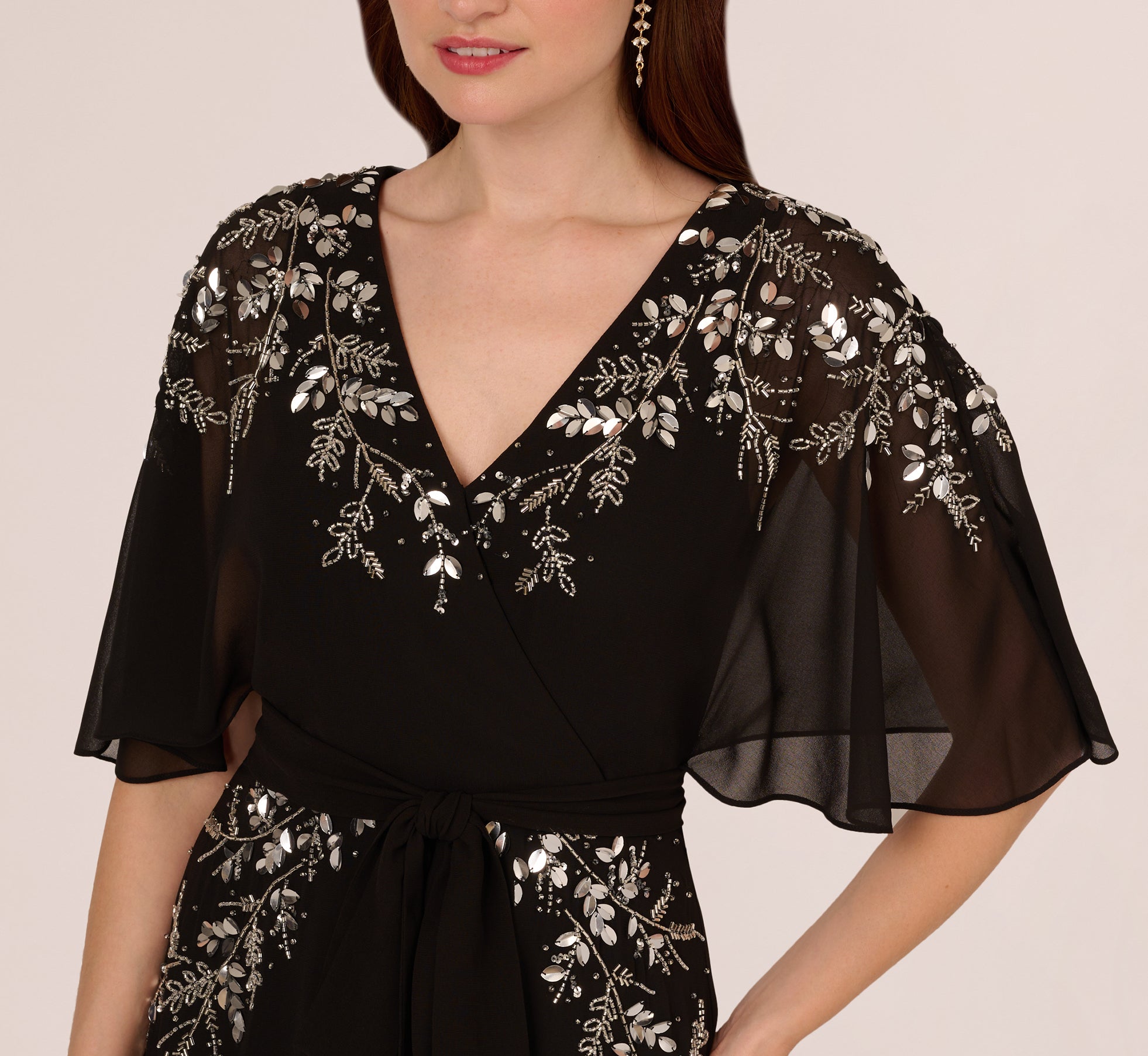 Black Beaded Chiffon Ankle Length Gown With Dolman Sleeves - Adrianna Papell Black Beaded Chiffon Ankle Length Gown With Dolman Sleeves - Adrianna Papell