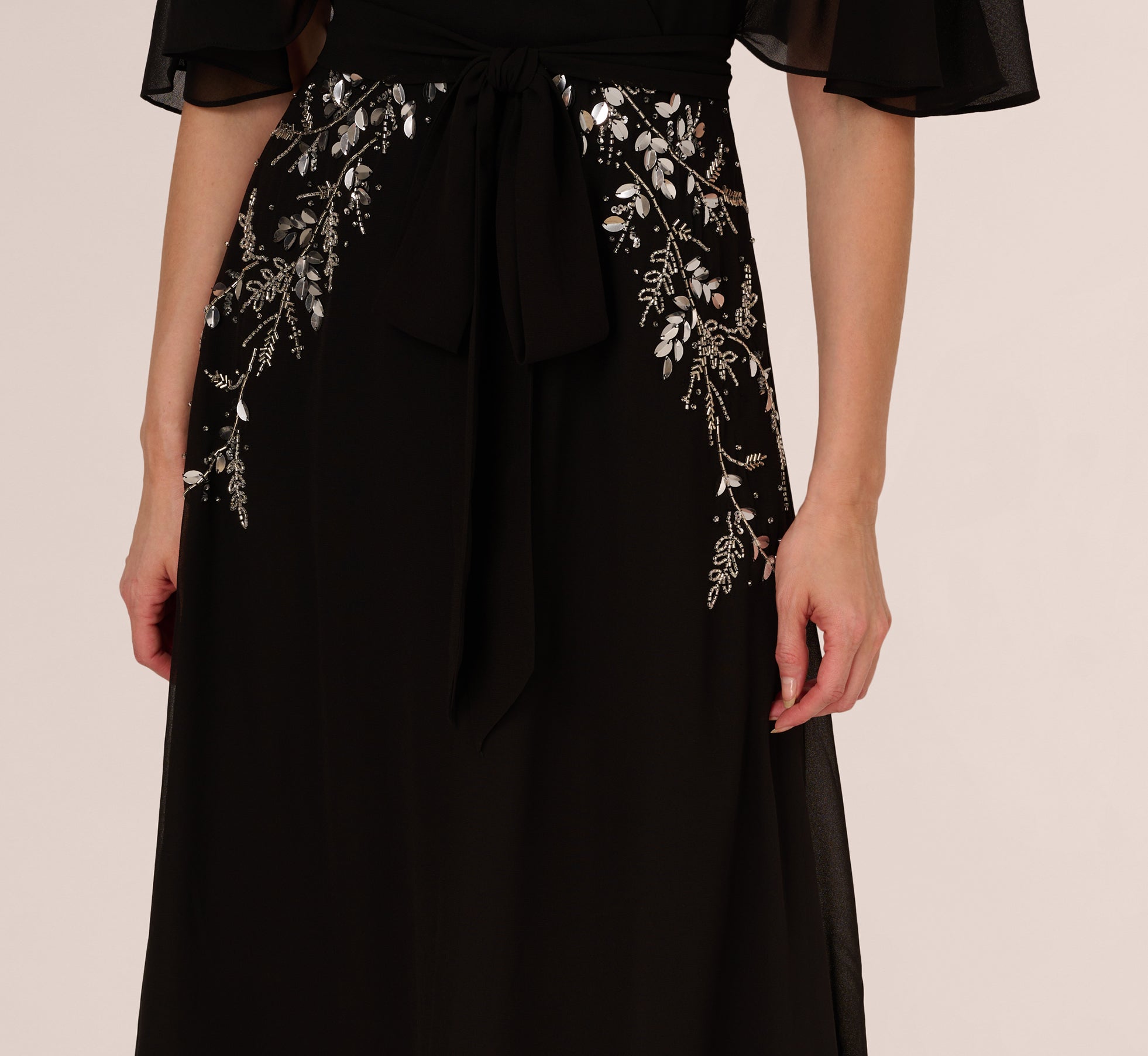 Black Beaded Chiffon Ankle Length Gown With Dolman Sleeves - Adrianna Papell Black Beaded Chiffon Ankle Length Gown With Dolman Sleeves - Adrianna Papell