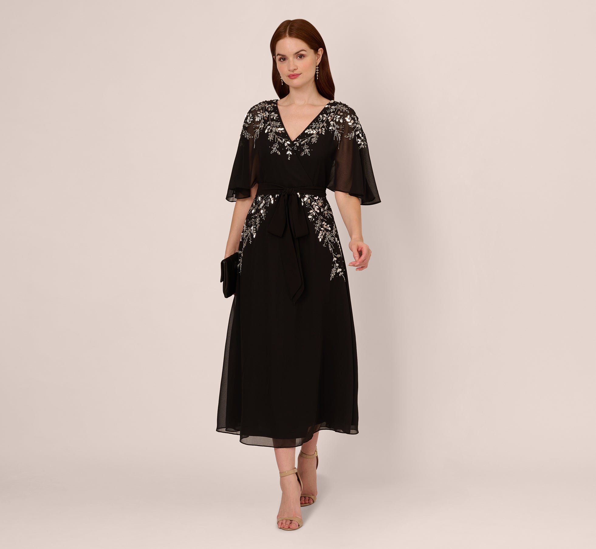 Black Beaded Chiffon Ankle Length Gown With Dolman Sleeves