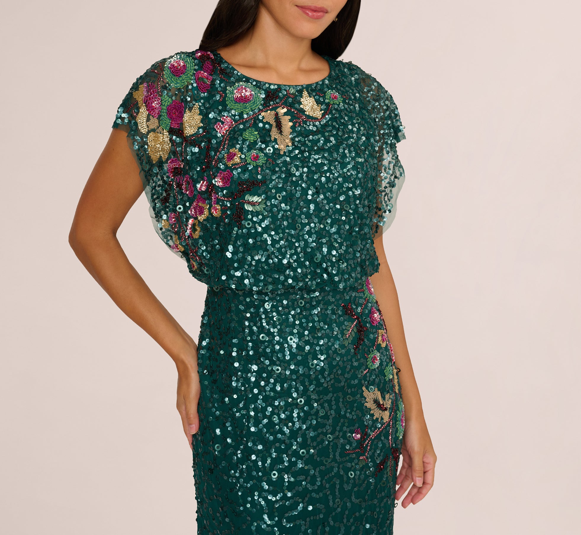 Dark Green Multicolor Floral Beaded Mermaid Gown With Dolman