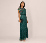 Multicolor Floral Beaded Mermaid Gown With Dolman Sleeves In Gem Green 1