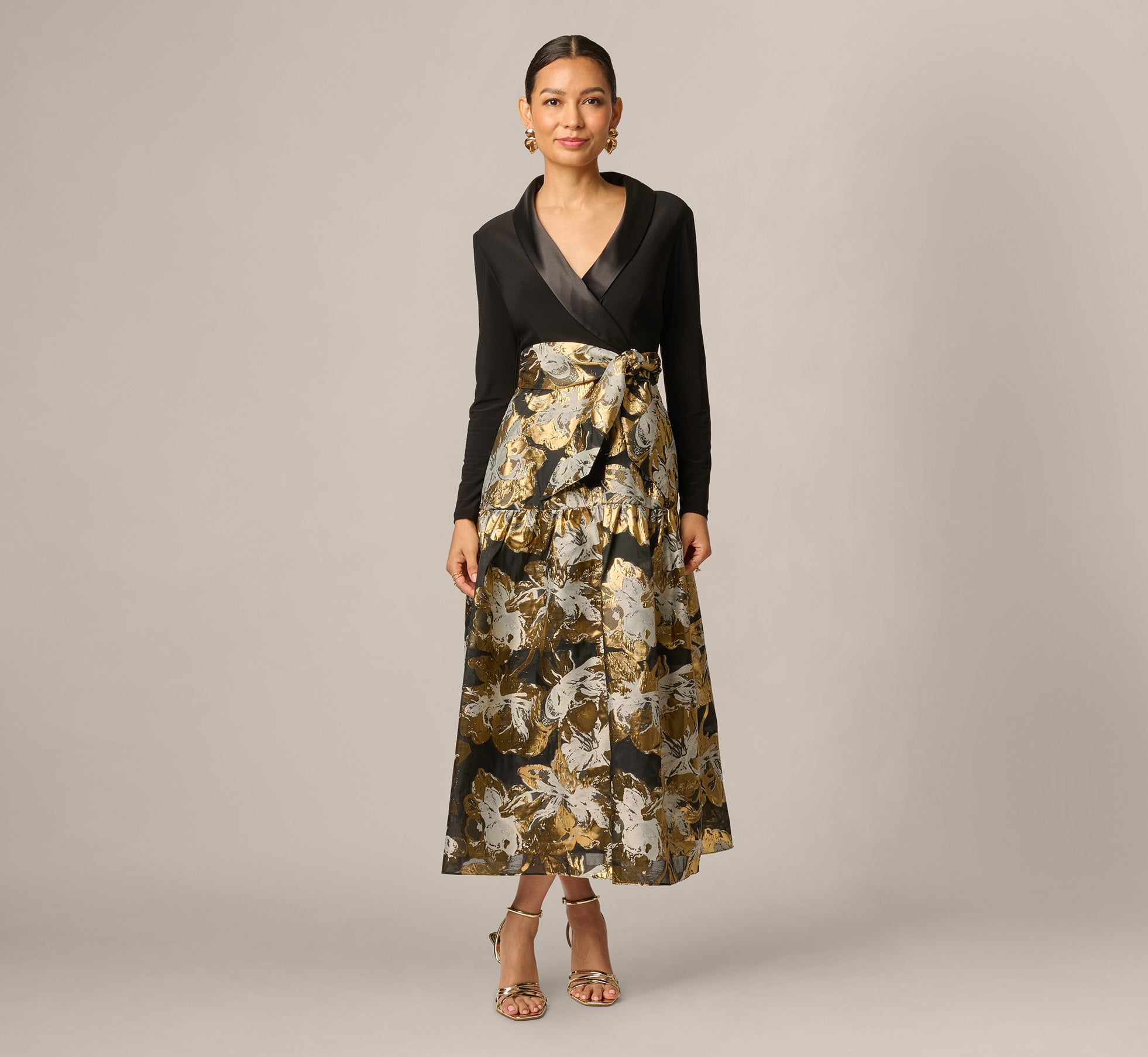 Adrianna Papell Petite Combo Floral Long-Sleeve Jacquard Dress - Black Gold