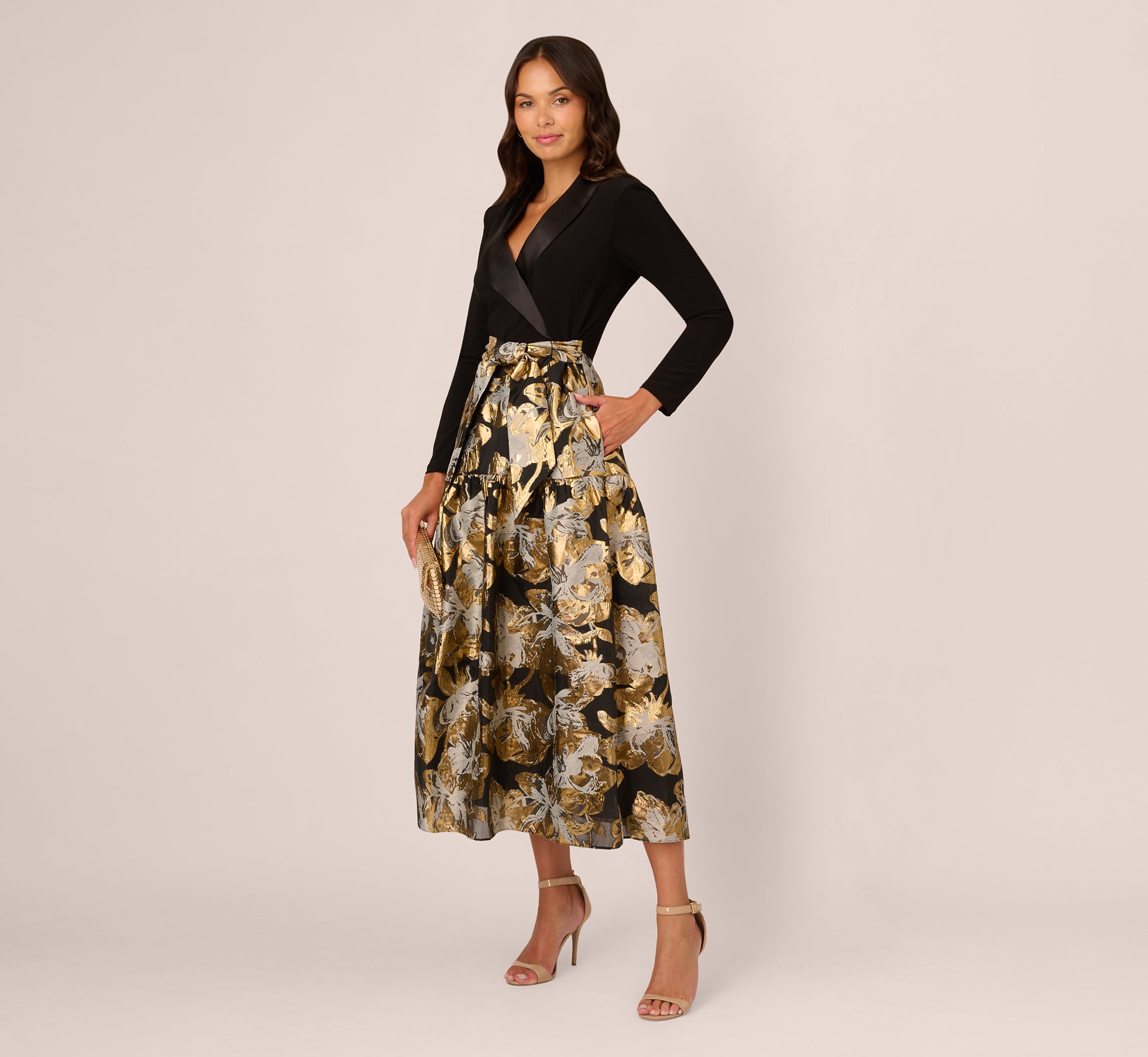 Petite Combo Floral Jacquard Dress In Black Gold 1