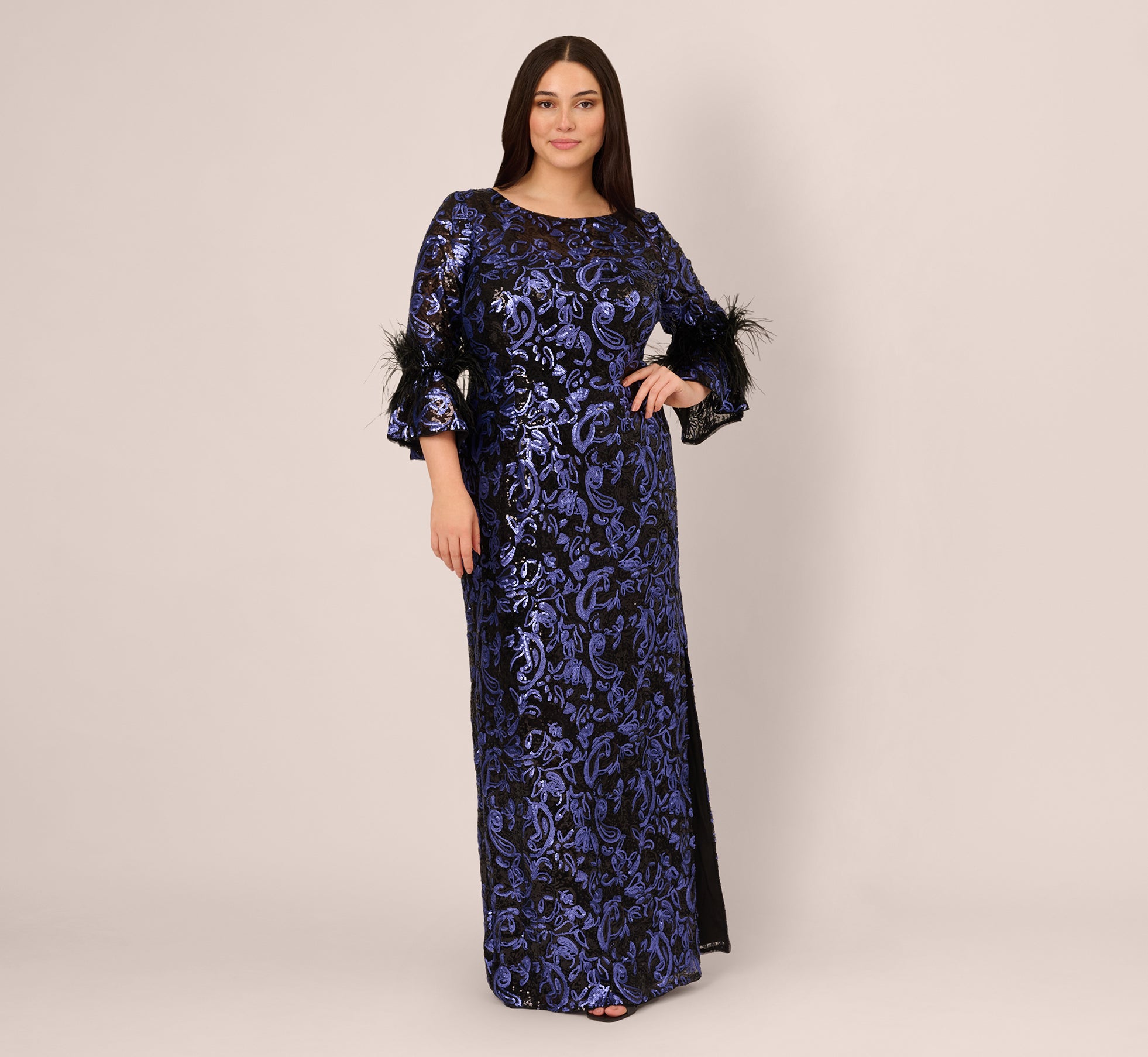 Adrianna Papell Plus Size Sequin Embroidered Slim Column Gown - Black Blue - 22W Adrianna Papell Plus Size Sequin Embroidered Slim Column Gown - Black Blue - 22W