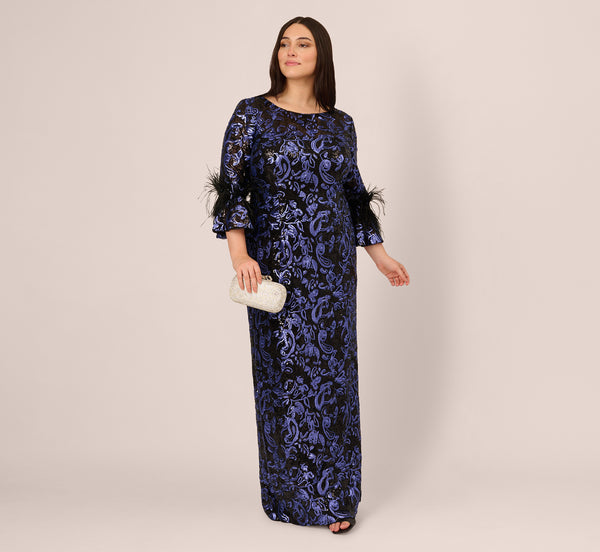 Adrianna Papell Plus Size Sequin Embroidered Slim Column Gown - Black Blue