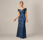 Petite Off Shoulder Jacquard Gown In Blue Multi 2