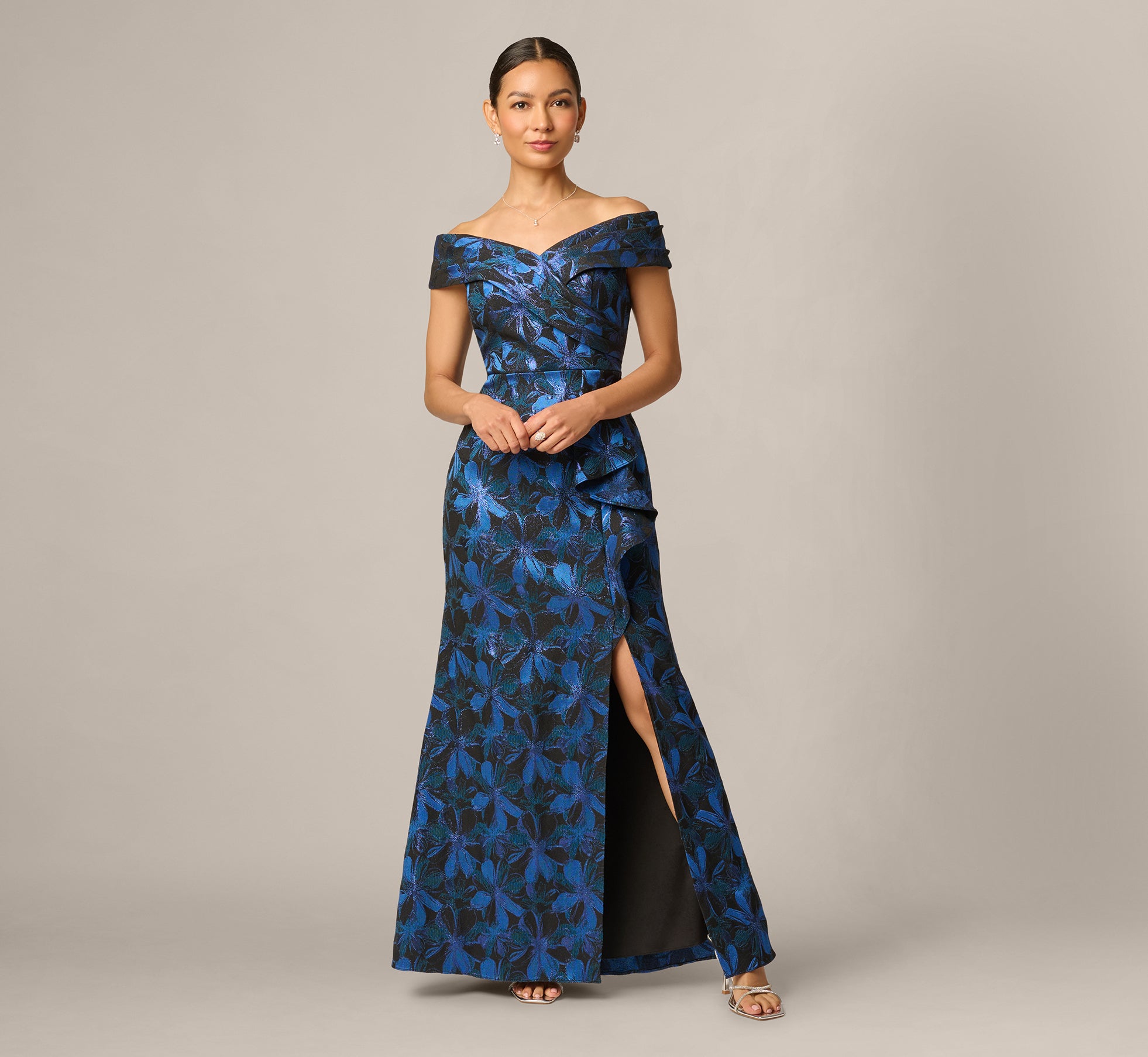 Petite Off Shoulder Jacquard Gown In Blue Multi 1