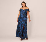 Plus Size Off Shoulder Jacquard Gown In Blue Multi 2
