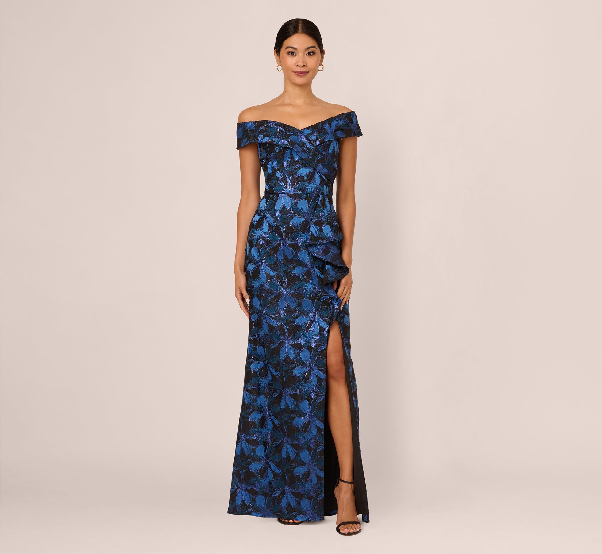 Off Shoulder Jacquard Gown In Blue Multi Off Shoulder Jacquard Gown In Blue Multi
