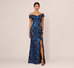 Off Shoulder Jacquard Gown In Blue Multi 2