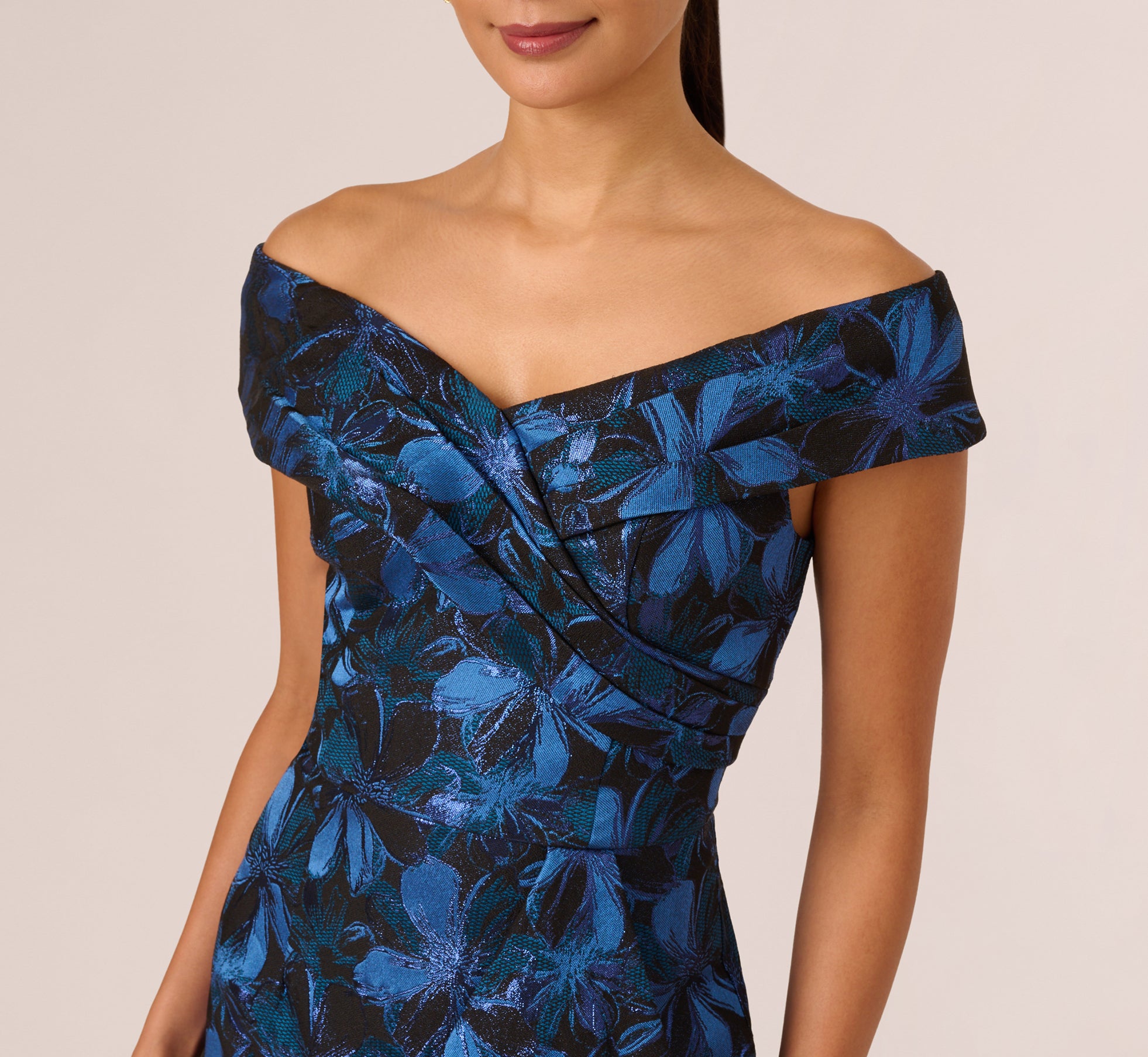 Blue Off Shoulder Jacquard Gown - Adrianna Papell Blue Off Shoulder Jacquard Gown - Adrianna Papell