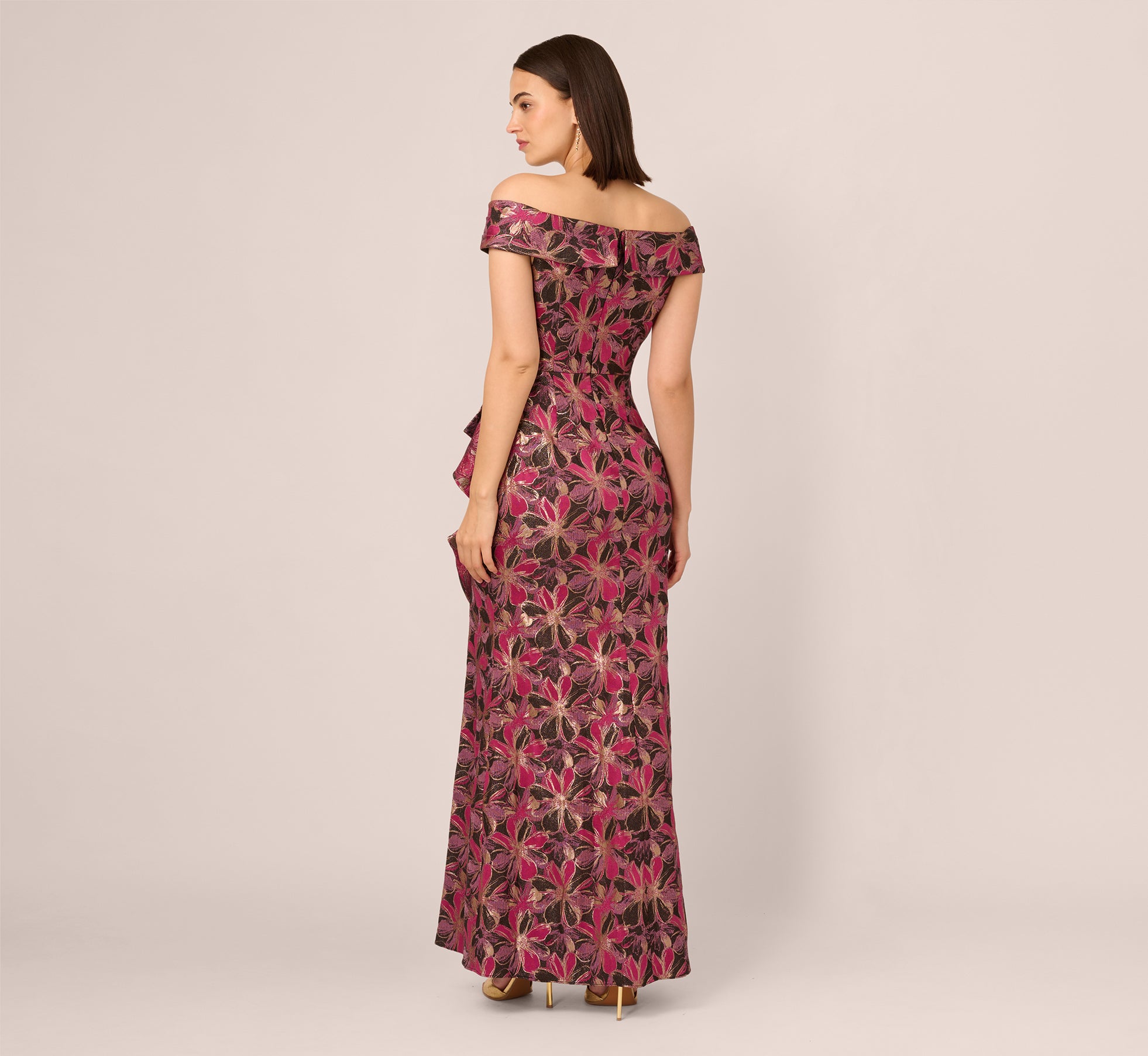 Pink Off Shoulder Jacquard Gown - Adrianna Papell