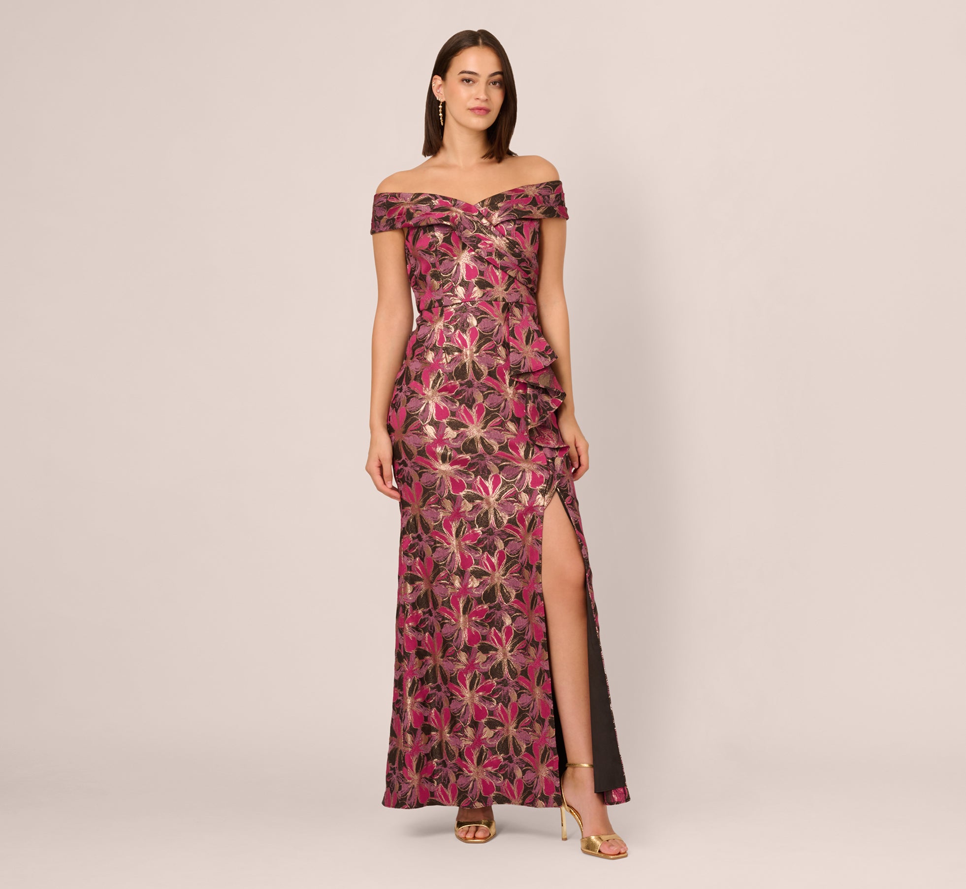 Off Shoulder Jacquard Gown In Fuchsia Multi Off Shoulder Jacquard Gown In Fuchsia Multi