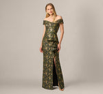 Off Shoulder Jacquard Gown In Olive Gold 2