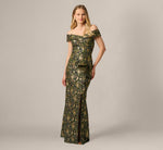 Off Shoulder Jacquard Gown In Olive Gold 1