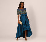 Bead Taffeta High Low Long Dress In Teal Sapphire Gold 1