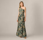 Petite One Shoulder Jacquard Dress In Green Gold 2