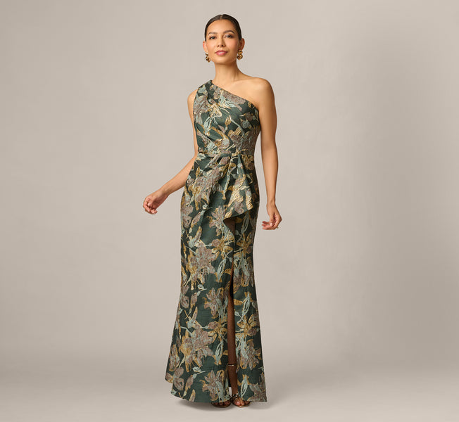 Petite One Shoulder Jacquard Dress In Green Gold, Green/Gold / Petite / 14