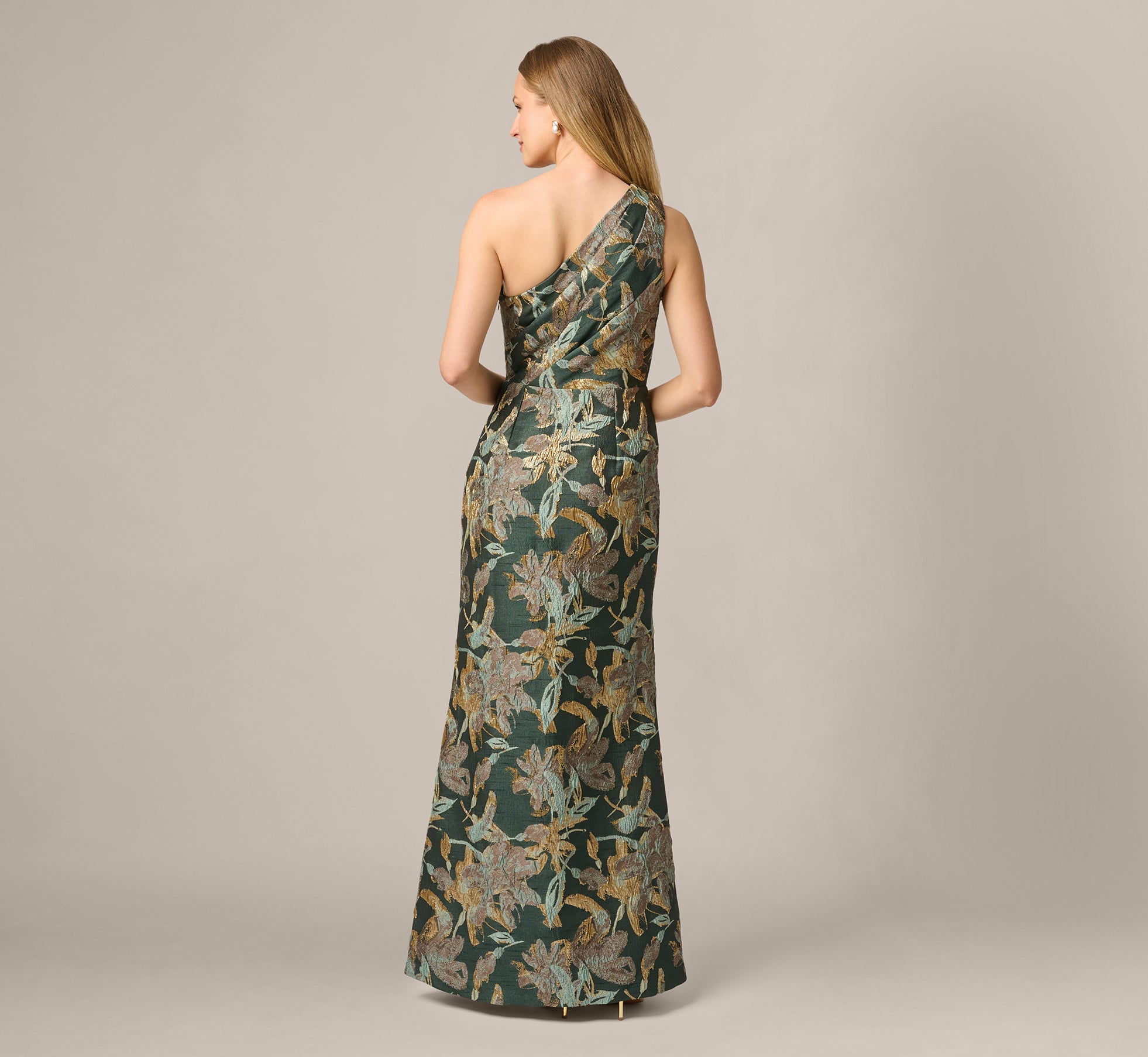 Green Gold One Shoulder Jacquard Dress