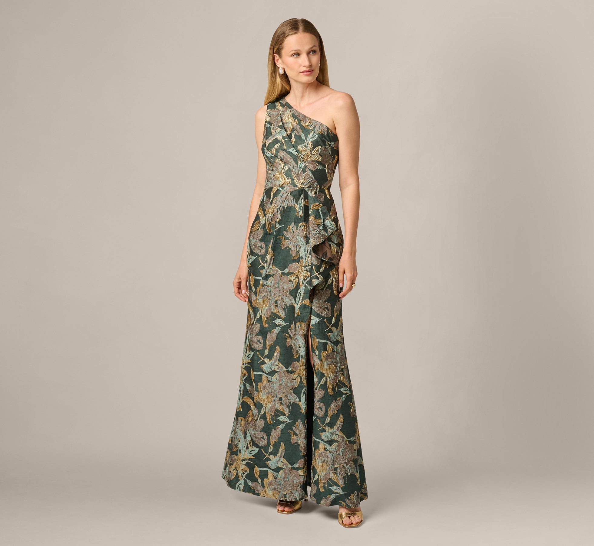 One Shoulder Jacquard Dress In Green Gold One Shoulder Jacquard Dress In Green Gold