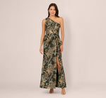 One Shoulder Jacquard Dress In Green Gold 2