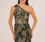 One Shoulder Jacquard Dress In Green Gold 4