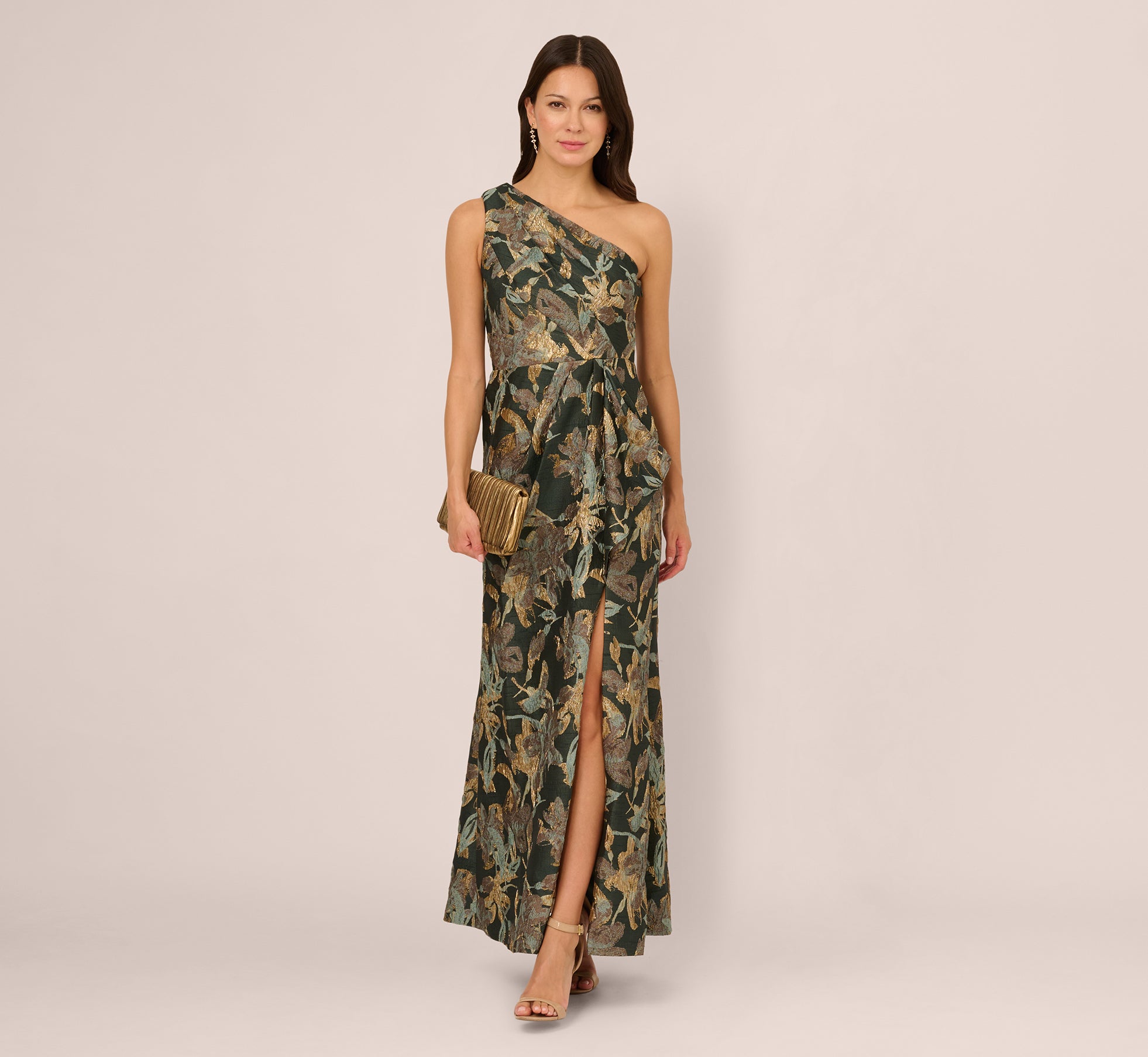 One Shoulder Jacquard Dress In Green Gold 1