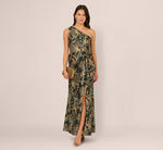 One Shoulder Jacquard Dress In Green Gold 1