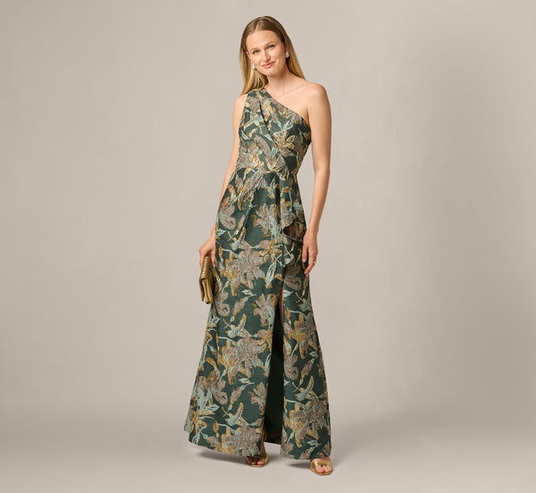 Green One Shoulder Jacquard Dress - Adrianna Papell