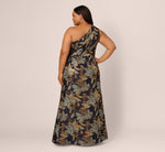 Plus Size One Shoulder Jacquard Dress In Blue Gold 6