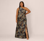 Plus Size One Shoulder Jacquard Dress In Blue Gold 3