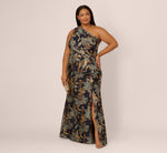 Plus Size One Shoulder Jacquard Dress In Blue Gold 2
