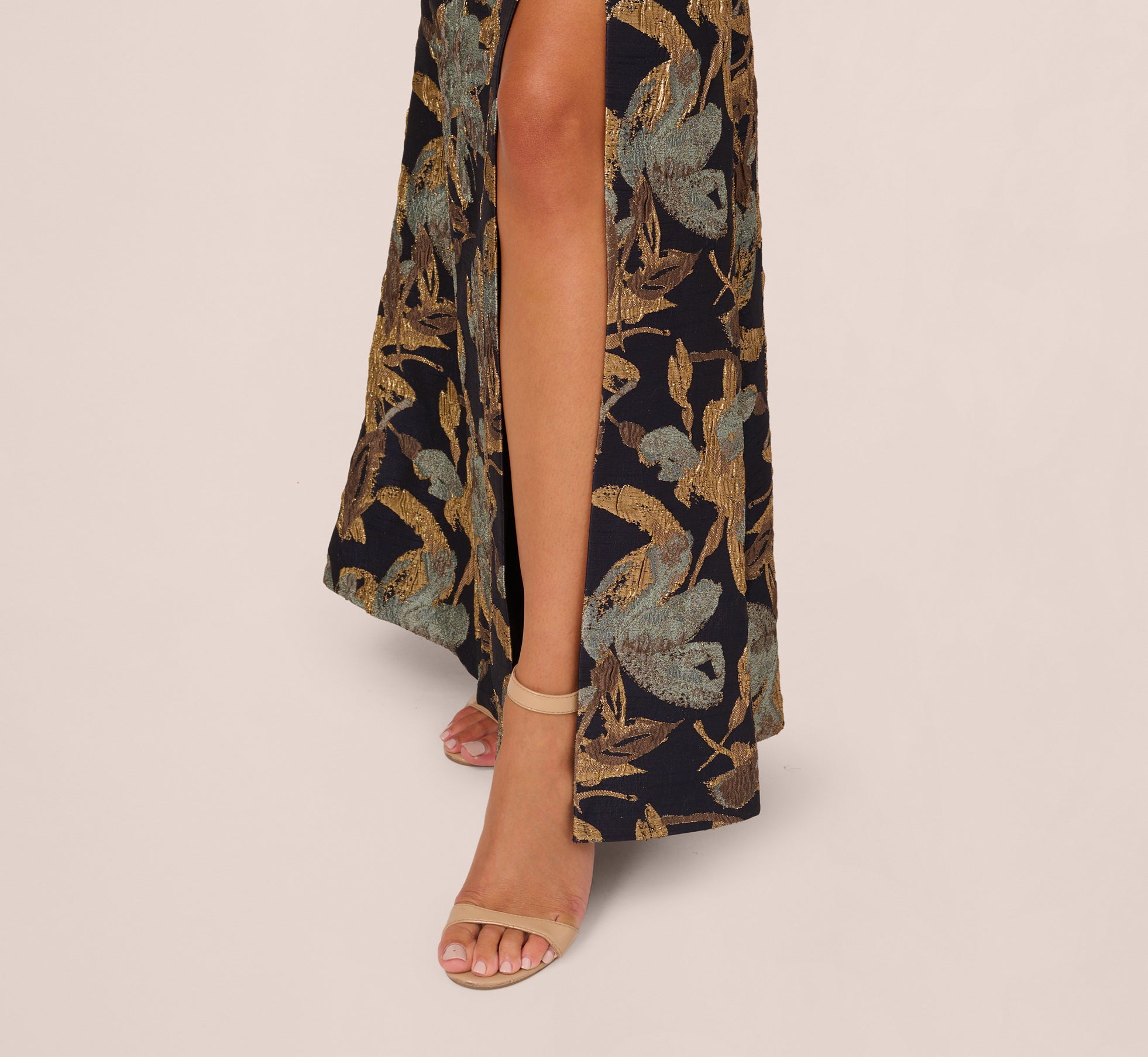 one shoulder jacquard dress in blue gold Metallic Jacquard One Shoulder Side Ruffle Gown Terijon.com
