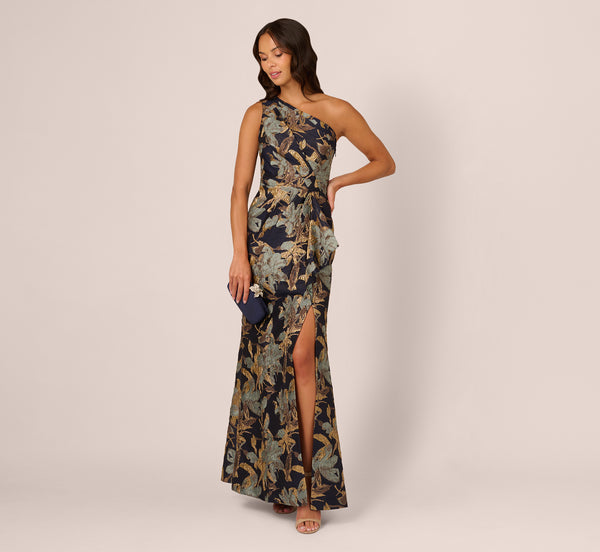 knee length dresses for ladies Blue Gold One Shoulder Jacquard Dress