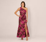 One Shoulder Jacquard Dress In Burgundy Gold 2