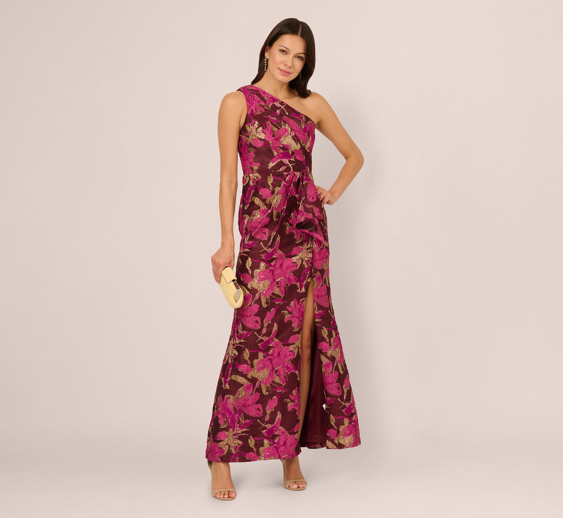 One Shoulder Jacquard Dress In Burgundy Gold 1
