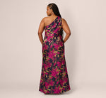 Plus Size One Shoulder Jacquard Dress In Navy Pink 5