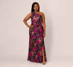 Plus Size One Shoulder Jacquard Dress In Navy Pink 2