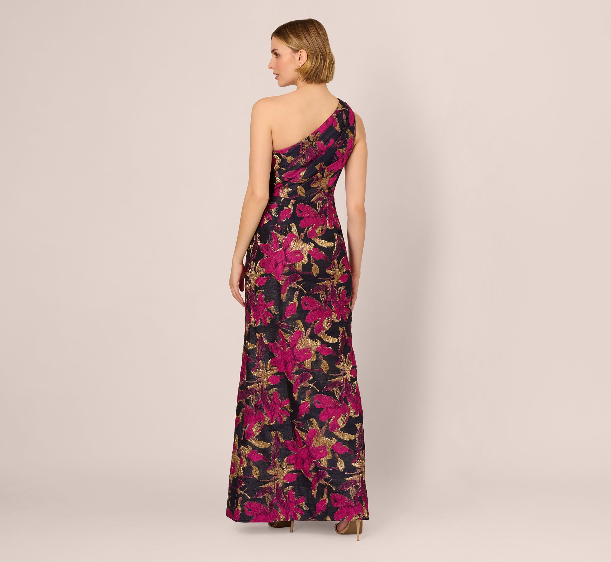 green emerald velvet dress One Shoulder Jacquard Dress In Navy Pink main image 0