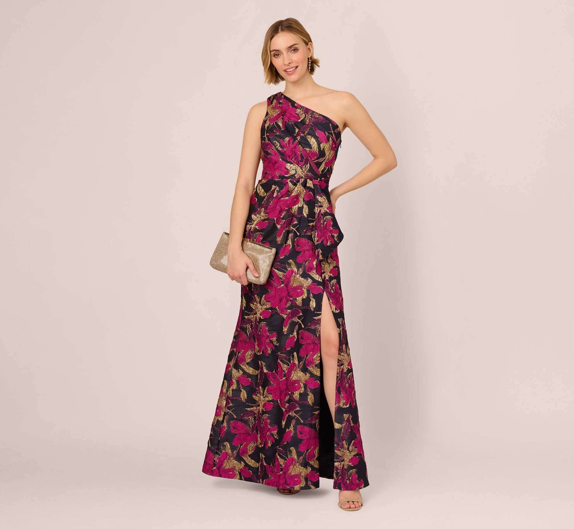 One Shoulder Jacquard Dress In Navy Pink - Adrianna Papell