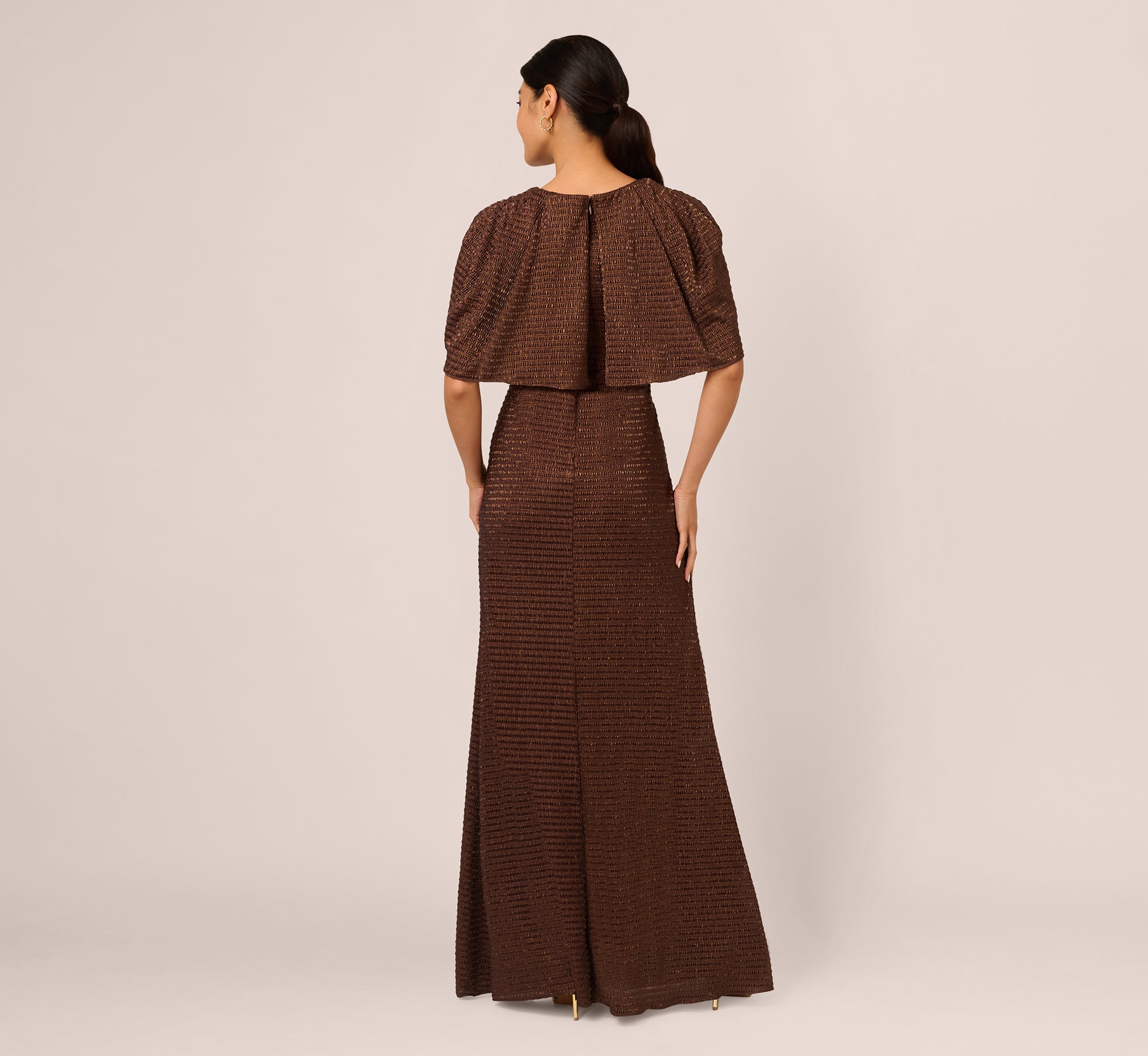 Bronze Pleated Metallic Cape Gown