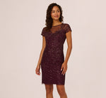 Beaded Short Sleeve Sheath Dress In Night Plum 2