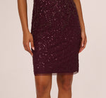 Beaded Short Sleeve Sheath Dress In Night Plum 4