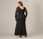 Plus Size Knit Crepe Combo Mesh Gown In Black 5