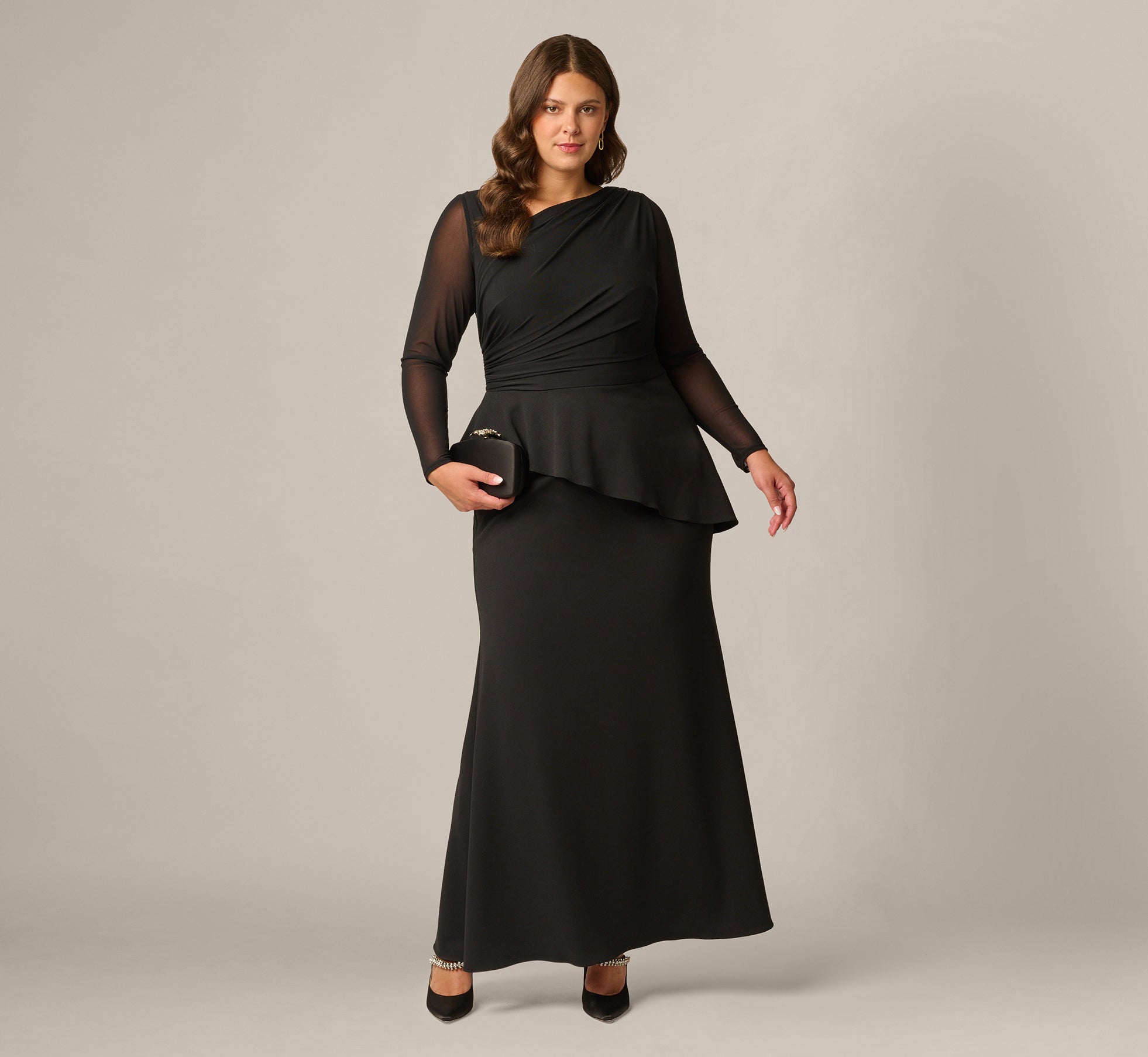 Plus Size Knit Crepe Combo Mesh Gown In Black 1